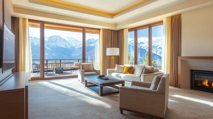 Fototapeta premium Scenic Mountain View from Luxury Suite with Panoramic Windows
