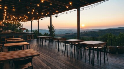 Scenic Sunset Over Atmospheric Bar with Wooden Furniture and Lights