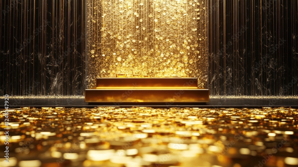 Poster A shimmering golden fountain cascading liquid coins and bars into a gleaming pool, representing wealth and circulation, with a minimalist podium for display