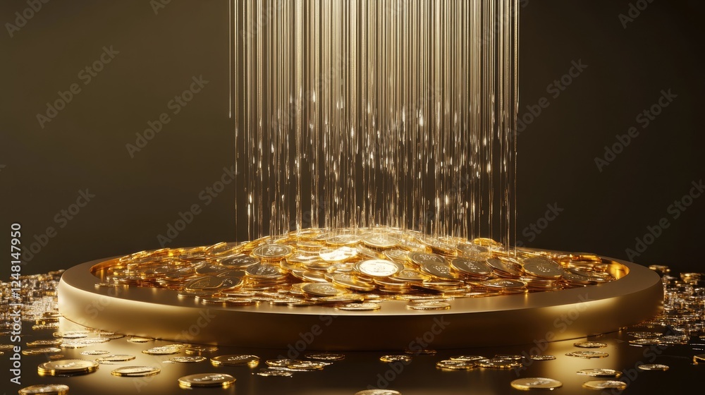 Poster A shimmering golden fountain cascading liquid coins and bars into a gleaming pool, representing wealth and circulation, with a minimalist podium for display