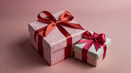 Obraz premium A flat lay of gift boxes wrapped in red and pink paper with bows.