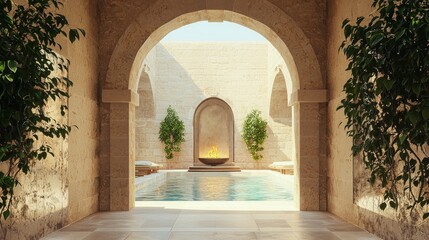 Fototapeta premium Elegant Archway Leading to Serene Pool in Refined Stone Setting