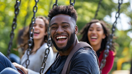 Obraz premium Friends on swings in a park, their feet kicking high and their faces glowing with laughter.