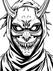 smiling japanese demon samourai mask , black and white digital illustration 
