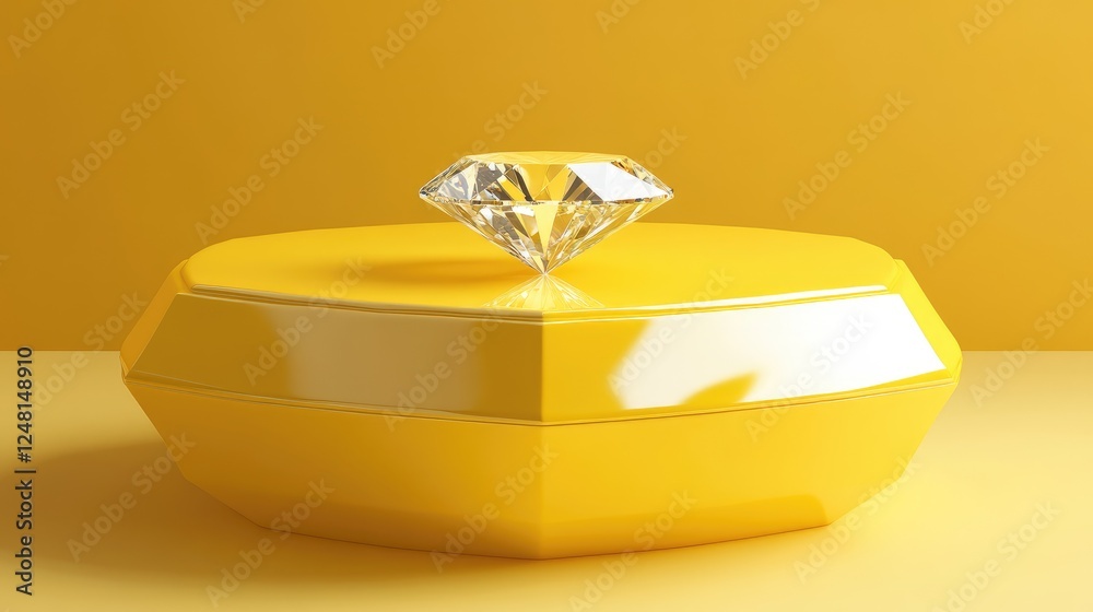 Poster a sleek yellow hexagonal podium with a diamond centerpiece, awaiting an elegant product for a modern