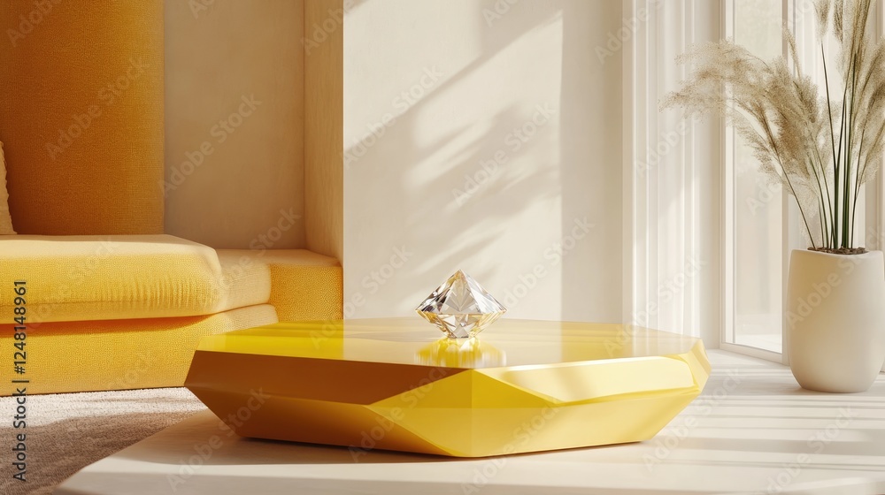 Poster a sleek yellow hexagonal podium with a diamond centerpiece, awaiting an elegant product for a modern