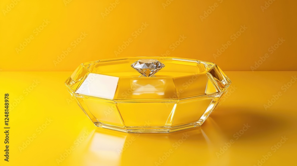 Poster a sleek yellow hexagonal podium with a diamond centerpiece, awaiting an elegant product for a modern