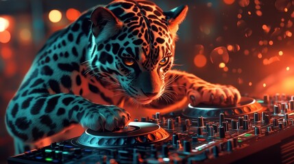 Feline DJ entertains a vibrant crowd with mesmerizing beats during an electrifying night