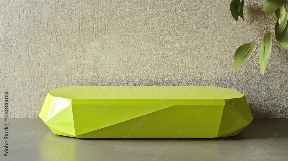 Poster a sleek yellow-green rhombus podium with a smooth surface, perfect for displaying an elegant packagi