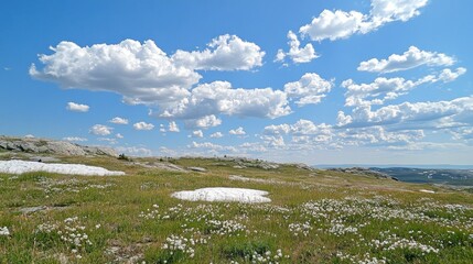 Fototapeta premium Scenic mountain landscape with wildflowers, snow patches, and blue sky