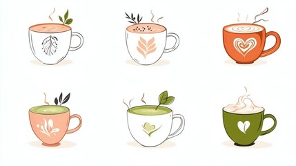 Warm beverages displayed in artistic cups showcasing various styles and flavors