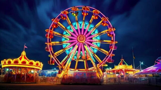 Illuminated Ferris wheel and carousel at night amusement park.