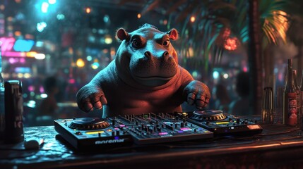 Hippo DJing at a vibrant nightlife venue, creating an unforgettable atmosphere under colorful lights