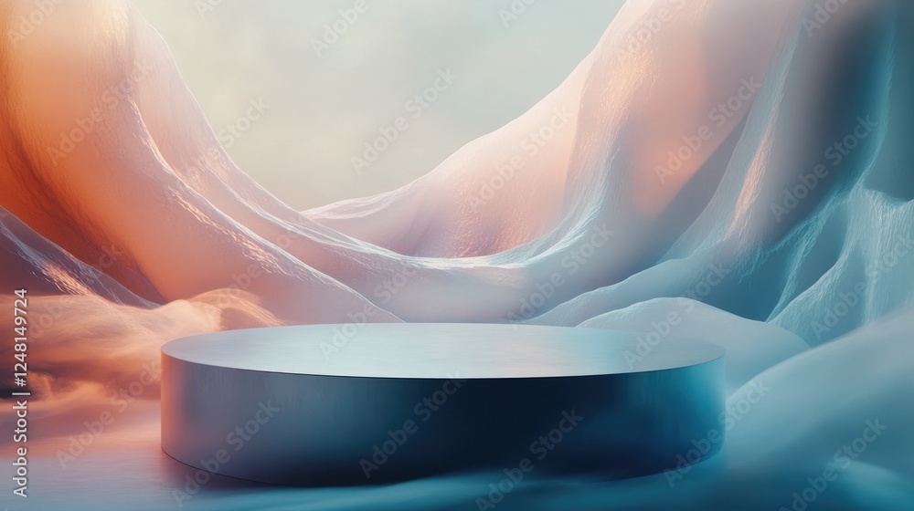 Poster a soft trickle of shimmering luster through winding valleys, framed by a sleek empty pedestal for pa