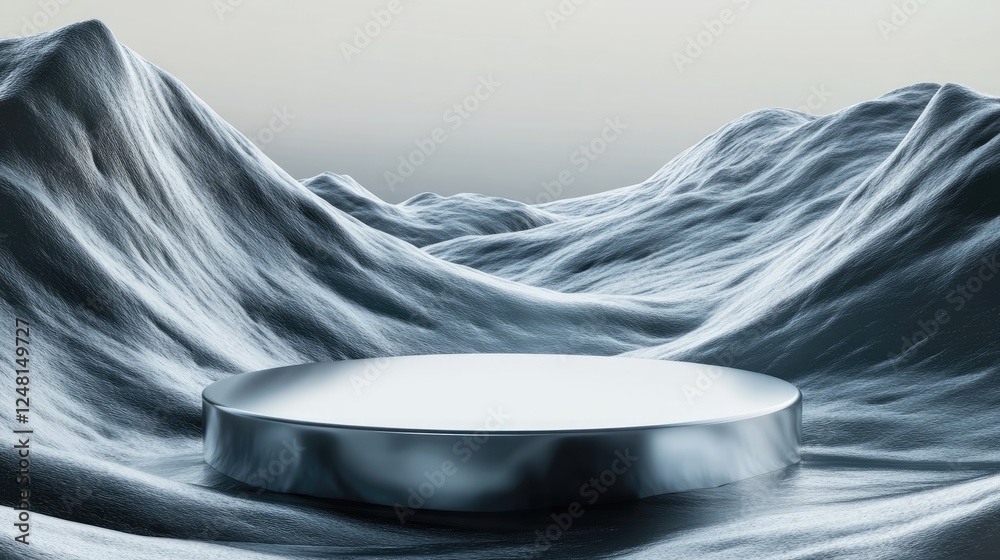 Poster a soft trickle of shimmering luster through winding valleys, framed by a sleek empty pedestal for pa
