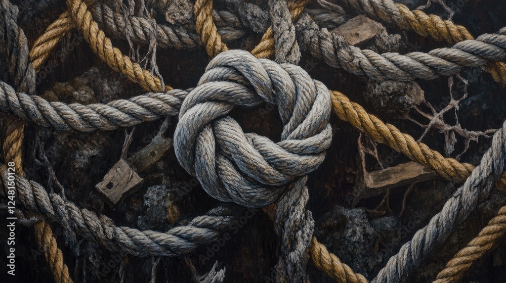 Aufkleber A solid loop knot stands resilient amid a pile of broken ropes, symbolizing the strength of unity and persistence in challenging times.