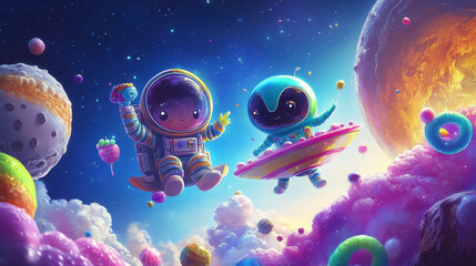 Space party poster with cute spaceman and alien character in sweet world. Vector banner with cartoon illustration of candy planet landscape, boy astronaut and extraterrestrial in flying saucer