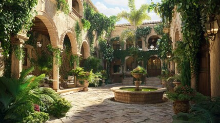 Obraz premium Mediterranean Inspired Courtyard with Lush Greenery and Fountain