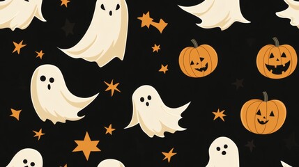 Pattern featuring playful ghosts and carved pumpkins against a black background for Halloween celebrations. seamless pattern