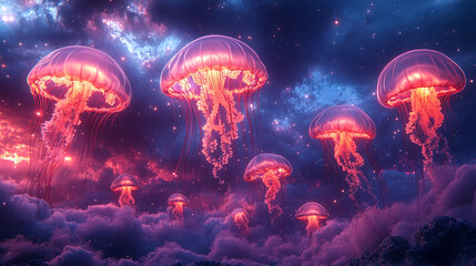Naklejka premium Colorful jellyfish drifting through a surreal night sky filled with clouds and stars