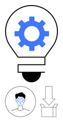 Lightbulb with gear depicts innovation, head with digital facial recognition mesh highlights AI, and downward arrow to box suggests data download. Ideal for AI, technology, data transfer, innovation