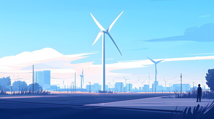 Wind turbines on a serene landscape with a vibrant sky and city skyline in the background near an open road.