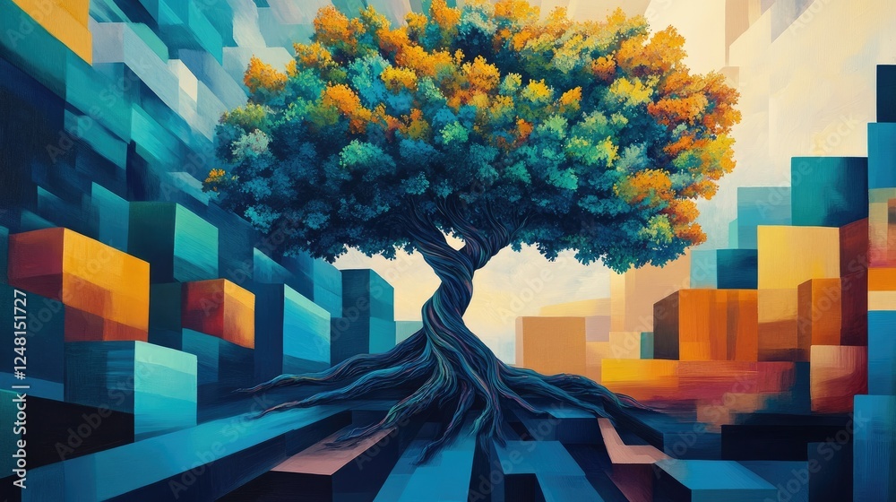 Poster a surreal tree with vibrant foliage and twisted roots in blue, green, and yellow, set in a geometric