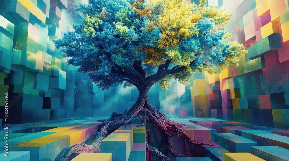 Poster a surreal tree with vibrant foliage and twisted roots in blue, green, and yellow, set in a geometric