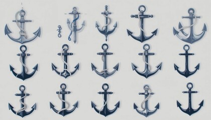 A set of nautical anchor illustrations on a white background