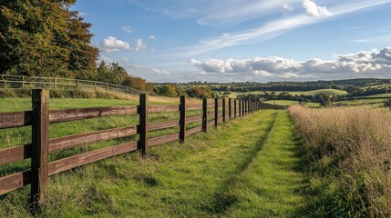 Fototapeta premium Scenic rural landscape with wooden fence, grassy path, and rolling hills under a bright sky.