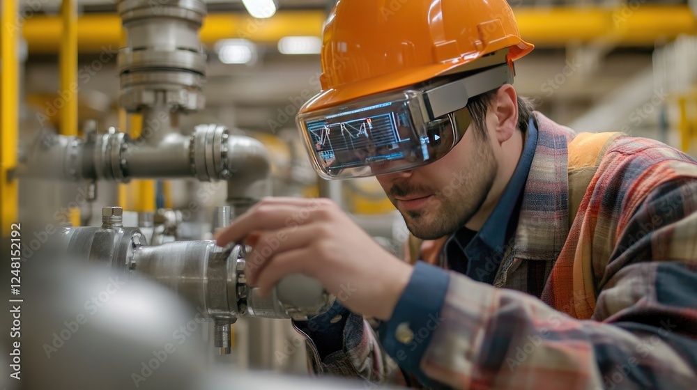 Poster A technician in an industrial environment wearing AR glasses, overlaying flow readings and sensors on a complex pipeline to identify blockages or leaks for fast and accurate diagnostics.