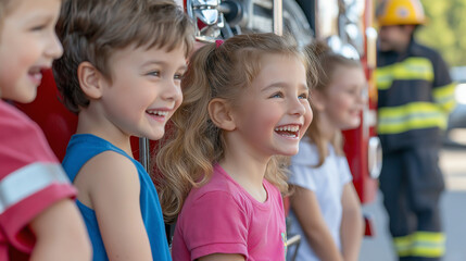  A fire truck parked outside the school, children excitedly exploring the equipment while firefighters explain their heroic work. Working for the benefit of people and society,