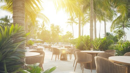 Fototapeta premium Elegant Terrace Breakfast with Sunlight and Lush Palm Trees
