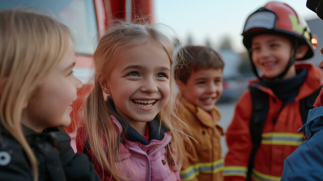  A fire truck parked outside the school, children excitedly exploring the equipment while firefighters explain their heroic work. Working for the benefit of people and society, - Powered by Adobe