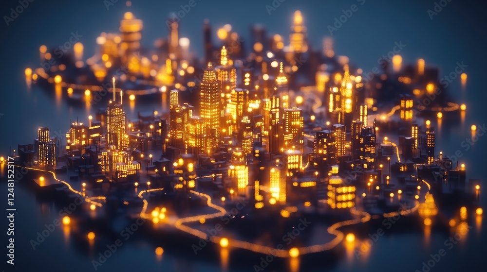 Poster a three-dimensional city made of glowing cubes, each representing an individual startup, interconnec