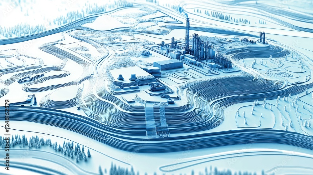 Poster A topographic map displaying resource locations with a clear path leading to a production facility, illustrating the benefits of a shorter, more localized supply chain.
