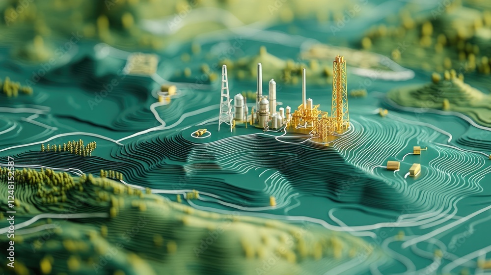 Poster A topographic map displaying resource locations with a clear path leading to a production facility, illustrating the benefits of a shorter, more localized supply chain.