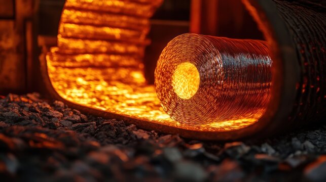 Molten wire coil glowing intensely inside industrial furnace setting