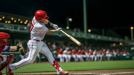 A baseball batter in red and white is swinging his bat at a ball during a nighttime game.