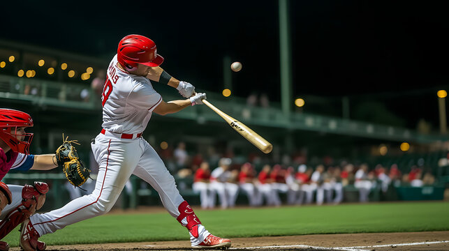 A baseball batter in red and white is swinging his bat at a ball during a nighttime game.