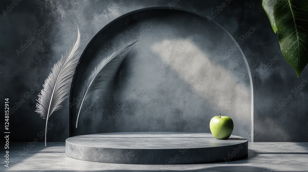 Poster a tranquil empty showcase featuring an apple and feather-inspired podium, ideal for elegant product 