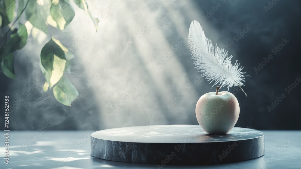 Poster a tranquil empty showcase featuring an apple and feather-inspired podium, ideal for elegant product 
