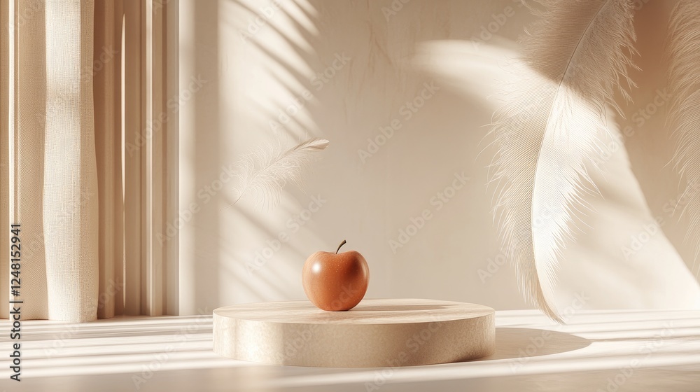 Poster a tranquil empty showcase featuring an apple and feather-inspired podium, ideal for elegant product 