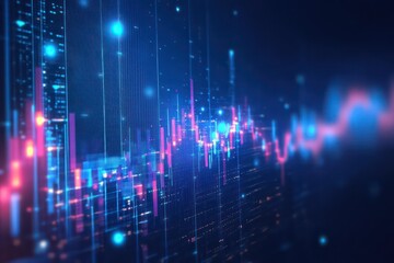 Fototapeta premium An abstract blue tech background with pixelated patterns and glowing data points, symbolizing modern fintech.