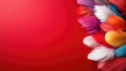 Obraz premium Colorful feathers on bright red background