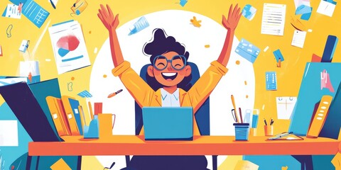A business professional sitting at their desk, smiling and holding their hands up in celebration, marking a victorious moment in their office environment, surrounded by office supplies