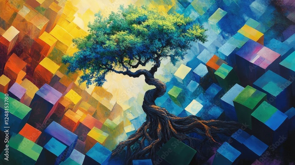 Poster a twisted-root tree with vibrant blue, green, and yellow foliage, standing in a geometric landscape 