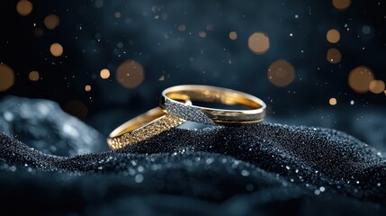 Elegant wedding rings on textured surface with sparkling background