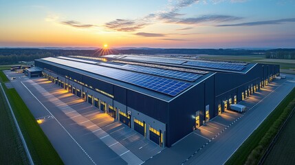 Solar-powered warehouse at sunset demonstrates sustainable energy solutions for modern logistics