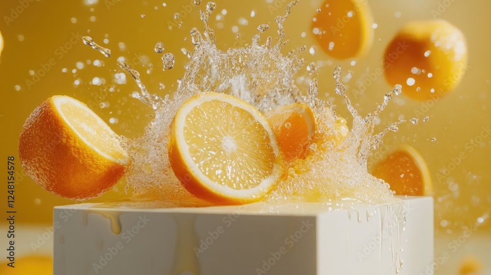 Aufkleber A vibrant explosion of orange and lemon slices colliding, creating a burst of water droplets and juice, symbolizing refreshing summer energy with a clean display podium.
